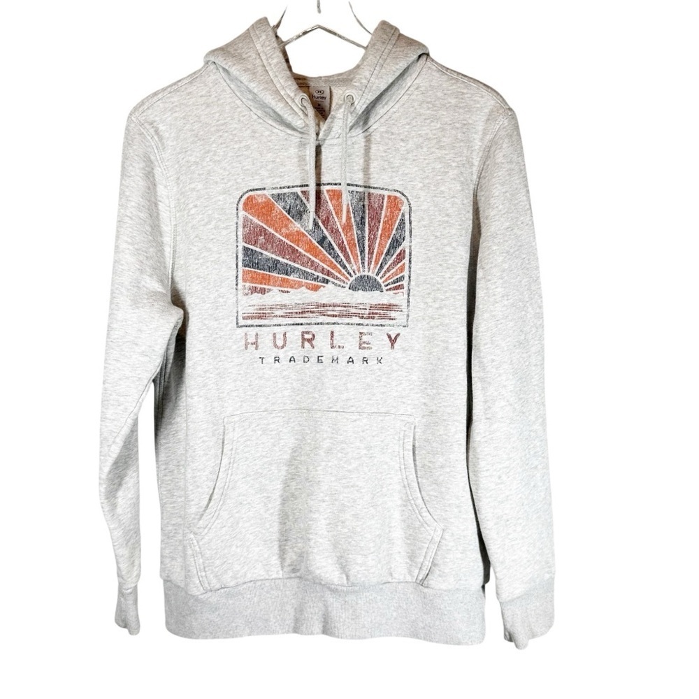 HURLEY Men's XL Sunset Grey Graphic Hooded Sweatshirt Distressed Faded Graphic
